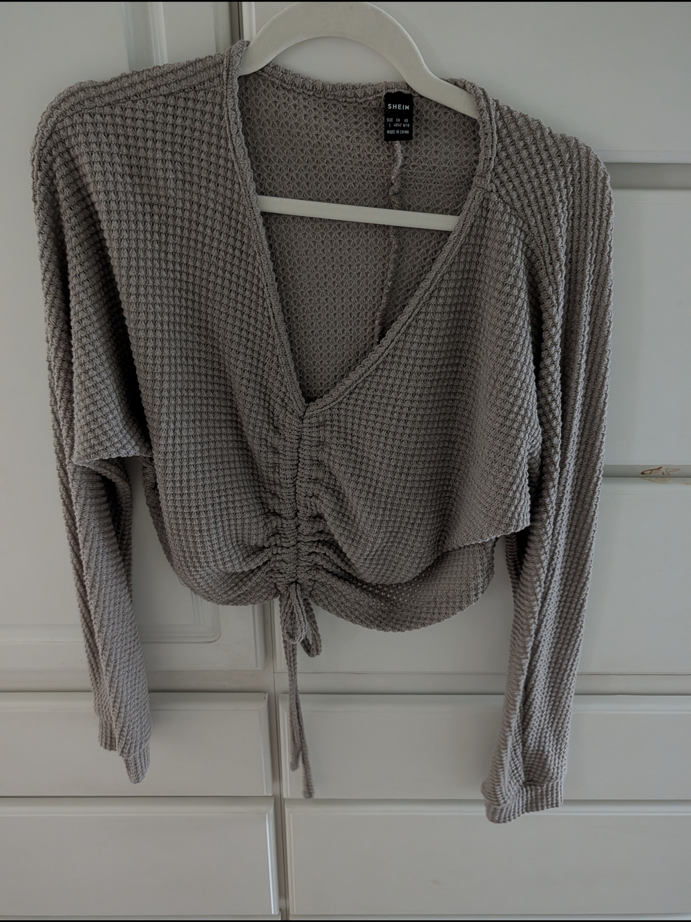 SHEIN Taupe Waffle-Knit Drawstring V-Neck Long Sleeve Top